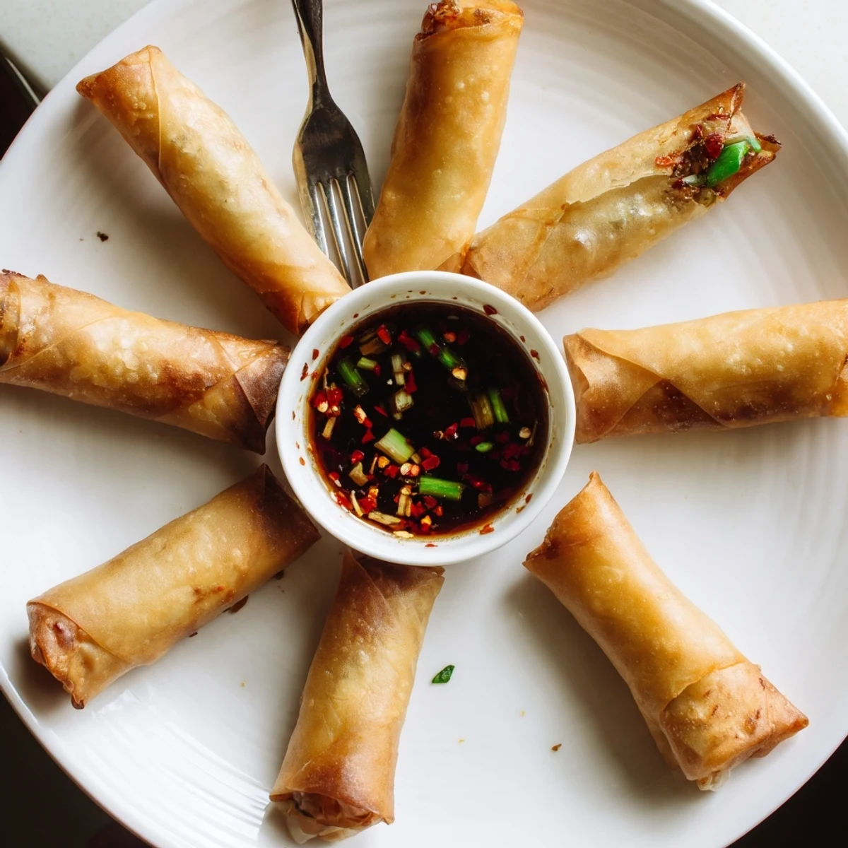 Basket of air fried spring rolls arranged on serving tray alongside small bowl of tangy soy dipping sauce