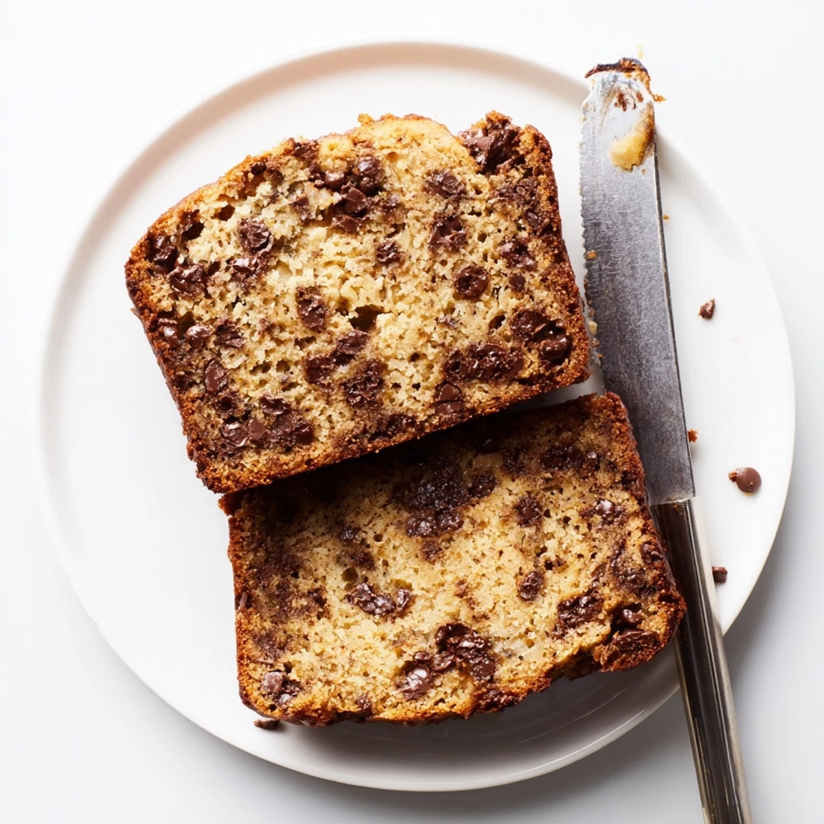 Golden chocolate chip banana bread loaf with melted chocolate chunks on top