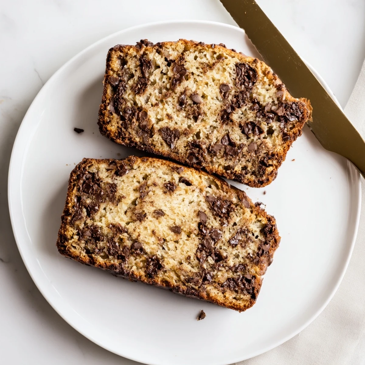 Freshly baked chocolate chip banana bread with visible banana specks throughout crumb