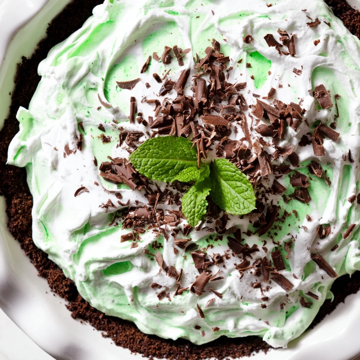Slice of minty Shamrock Swirl Pie featuring green and white marbled cream filling in chocolate crust