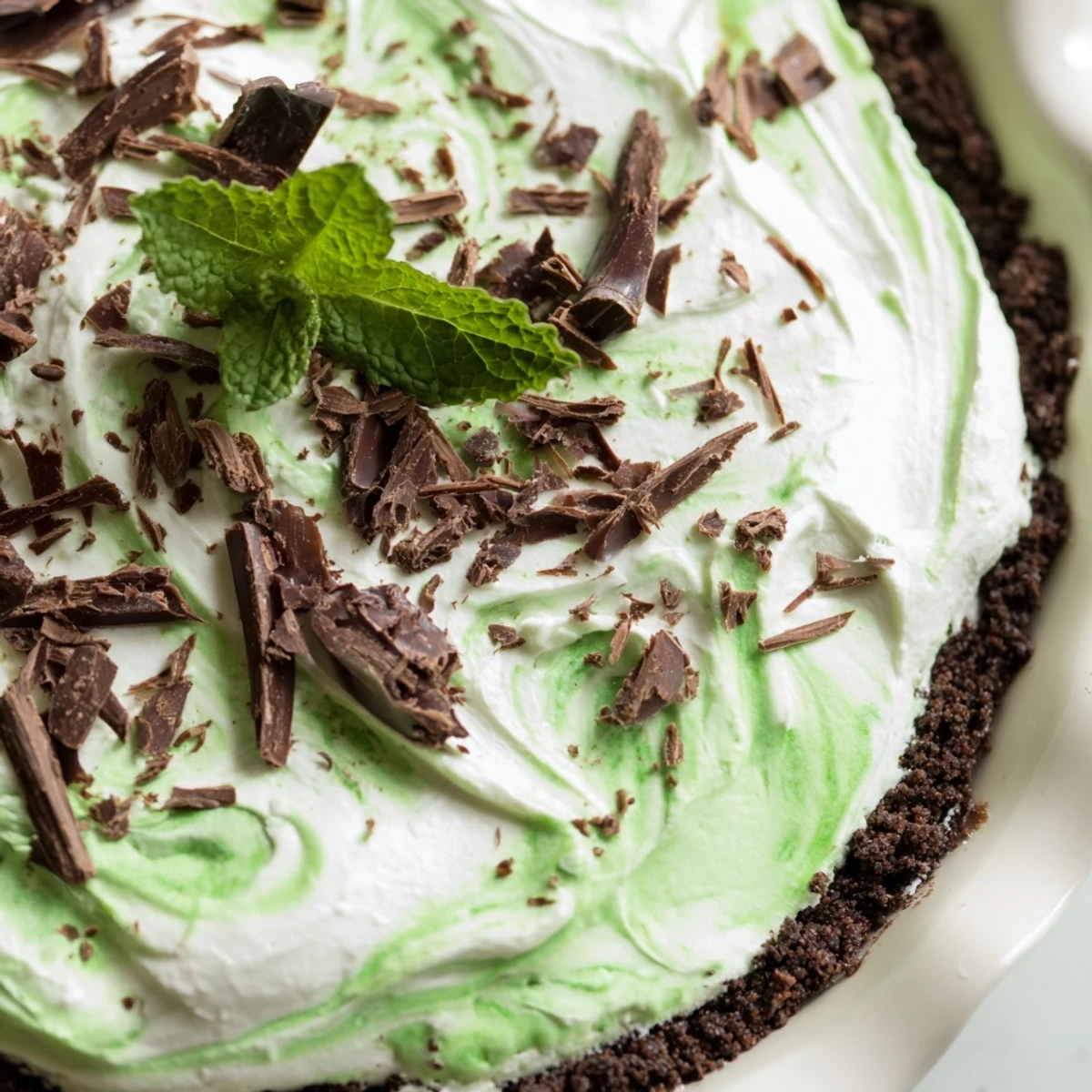 St. Patrick's Day Shamrock Swirl Pie dessert showing vibrant green mint swirls through fluffy vanilla cream