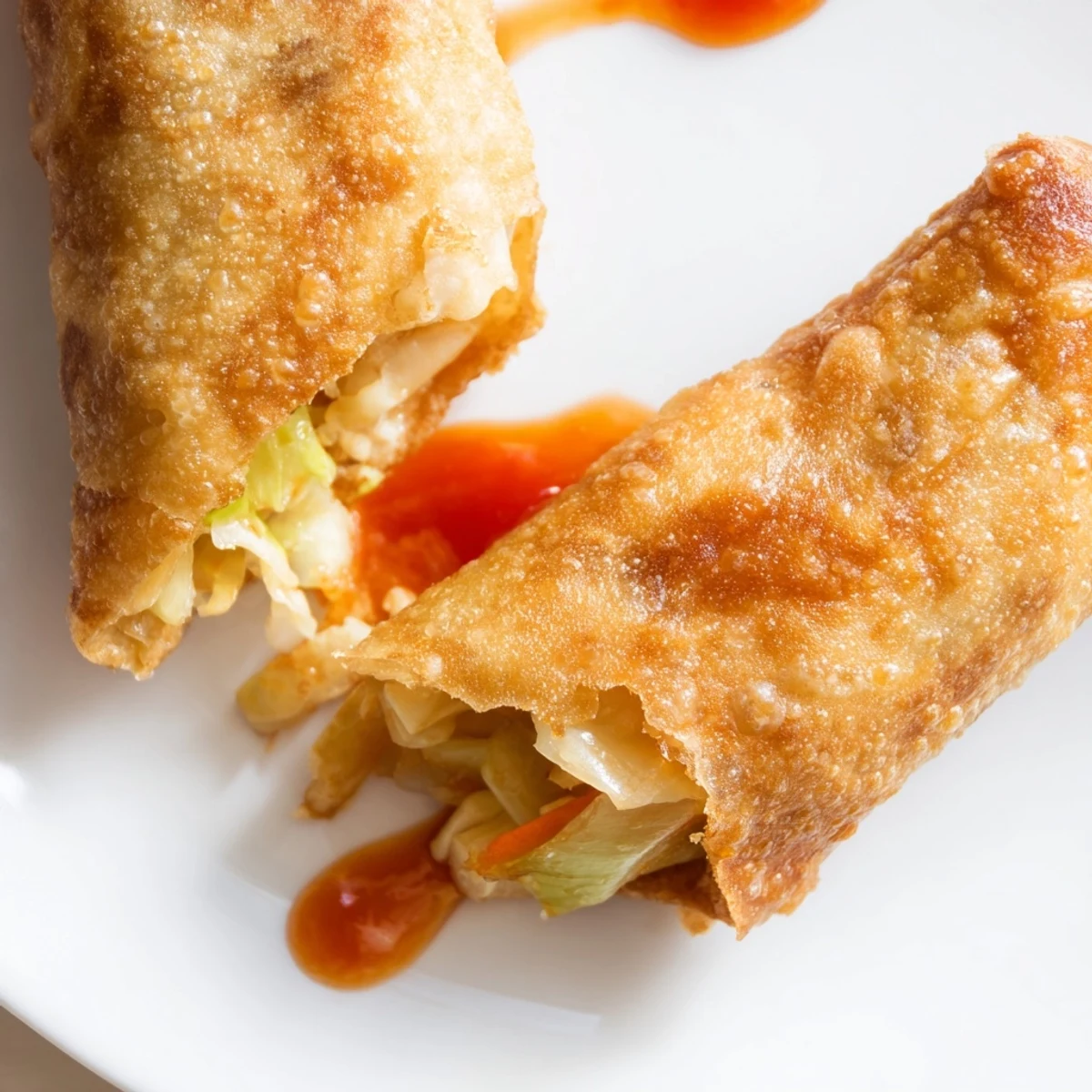 Golden Chinese vegetable spring rolls with shredded cabbage and carrots on white plate