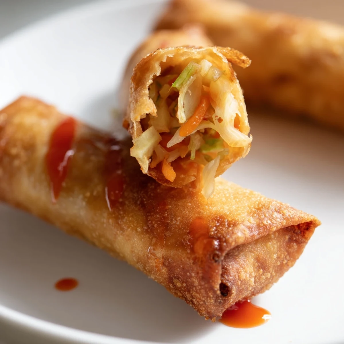 Crispy fried spring rolls cut open revealing colorful vegetable filling and fresh herbs