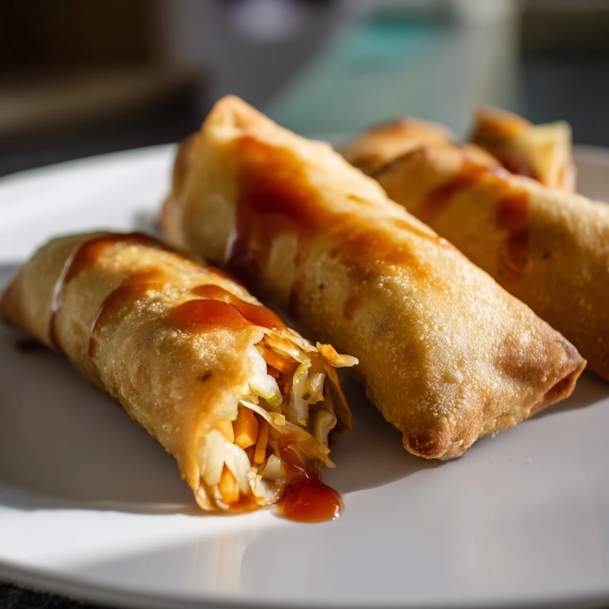 Homemade Chinese vegetable spring rolls served with sweet chili sauce for dipping