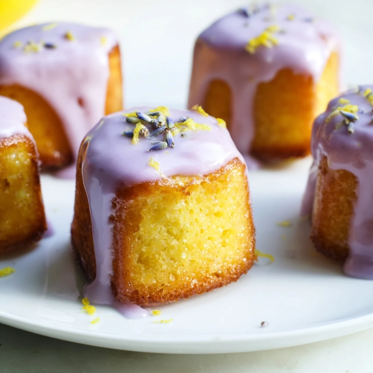 Freshly baked mini lemon cakes topped with floral lavender glaze and lemon zest garnish.