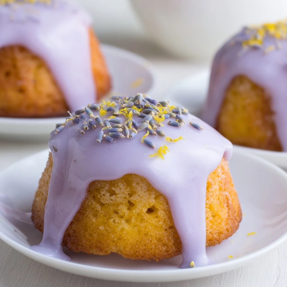 Golden mini lemon cakes drizzled with pale lavender glaze on a white serving plate.