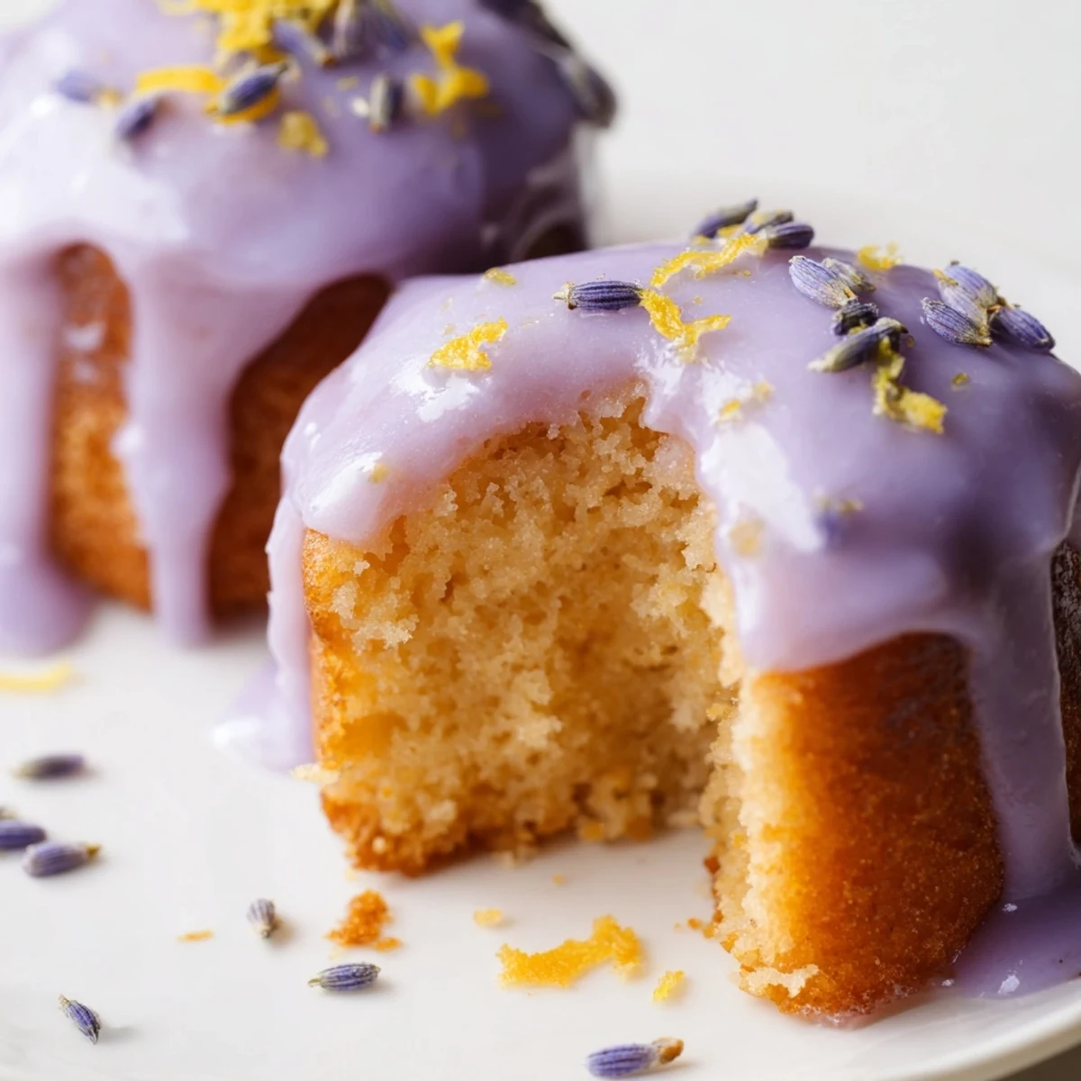 Tender mini lemon cakes with fragrant lavender glaze ready for afternoon tea service.