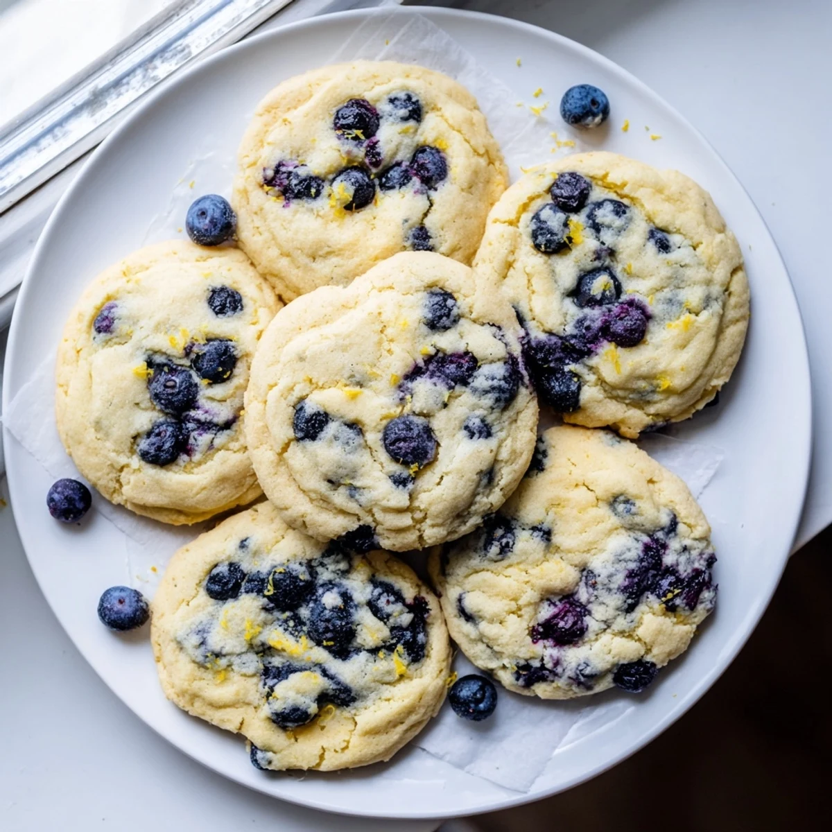 Soft lemon blueberry cheesecake cookies topped with juicy blueberries on a white plate