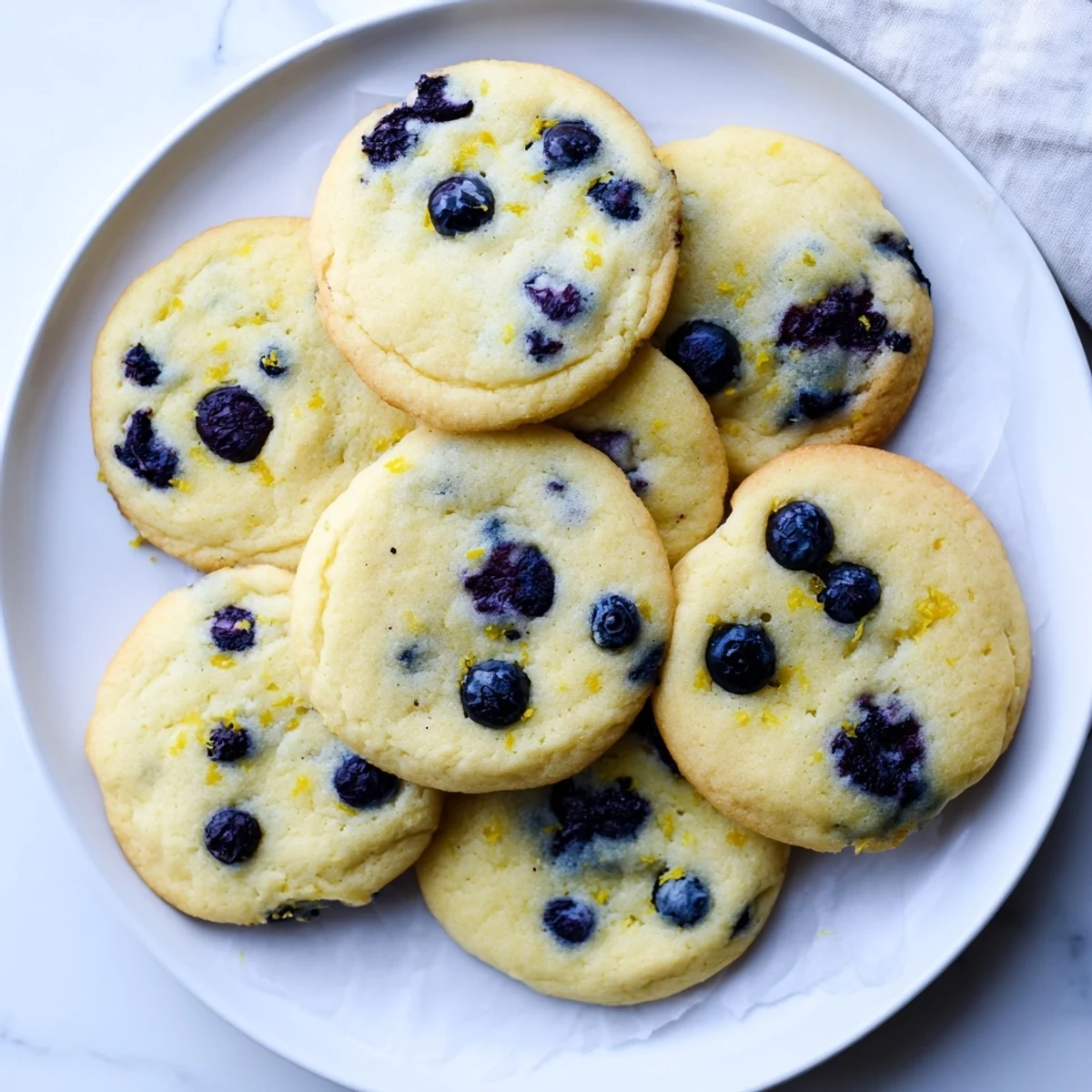 Stack of lemon blueberry cheesecake cookies dusted with powdered sugar for spring dessert