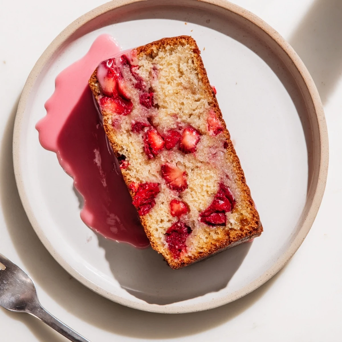 Golden brown strawberry pound cake with pink strawberry glaze drizzling down the sides