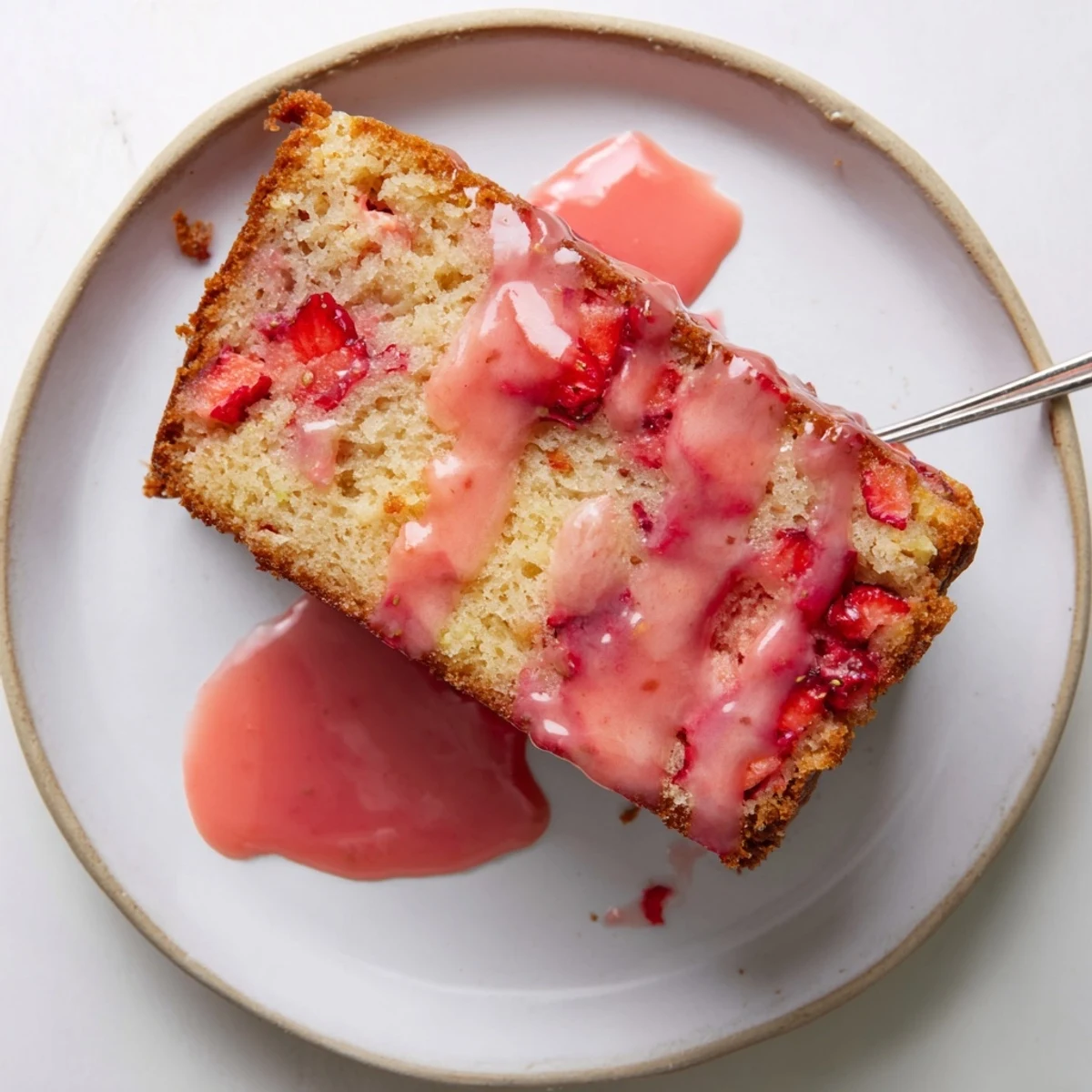 Moist buttery pound cake studded with fresh red strawberries and topped with sweet glaze