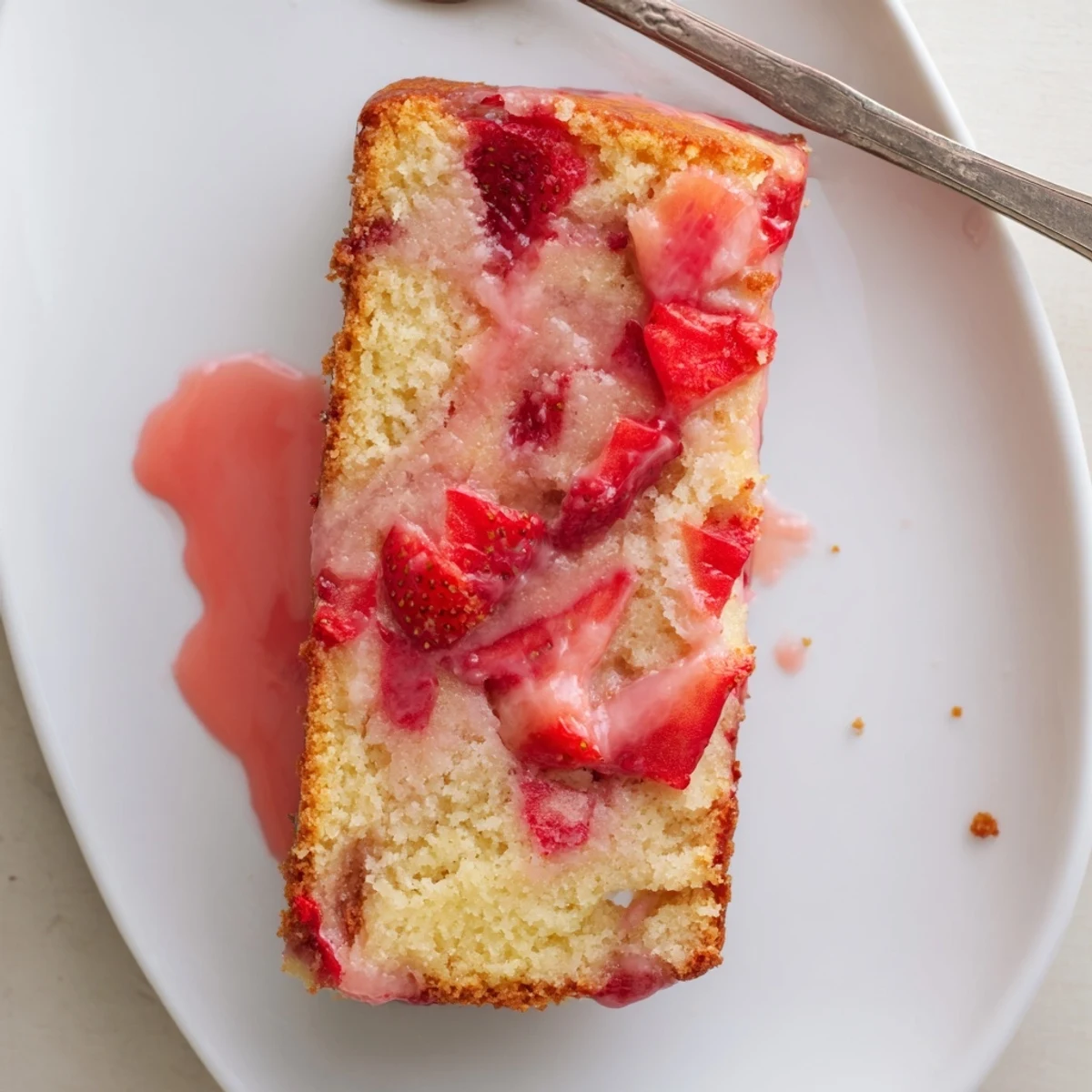 Slice of homemade strawberry pound cake showing juicy berry pieces throughout the tender crumb