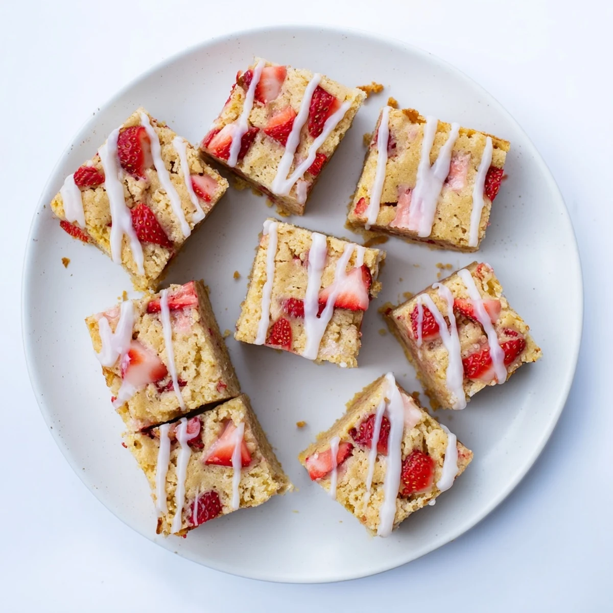 Golden strawberry lemon blondies drizzled with white lemon glaze on a white serving plate