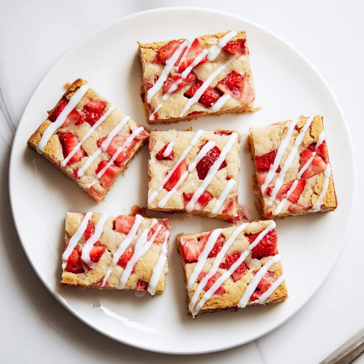 Square blondie bars with strawberry chunks and lemon glaze on a marble background