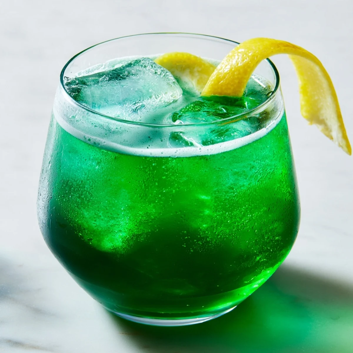 Refreshing Luck of the Irish cocktail featuring lemon twist and green herbal notes in stemmed glass