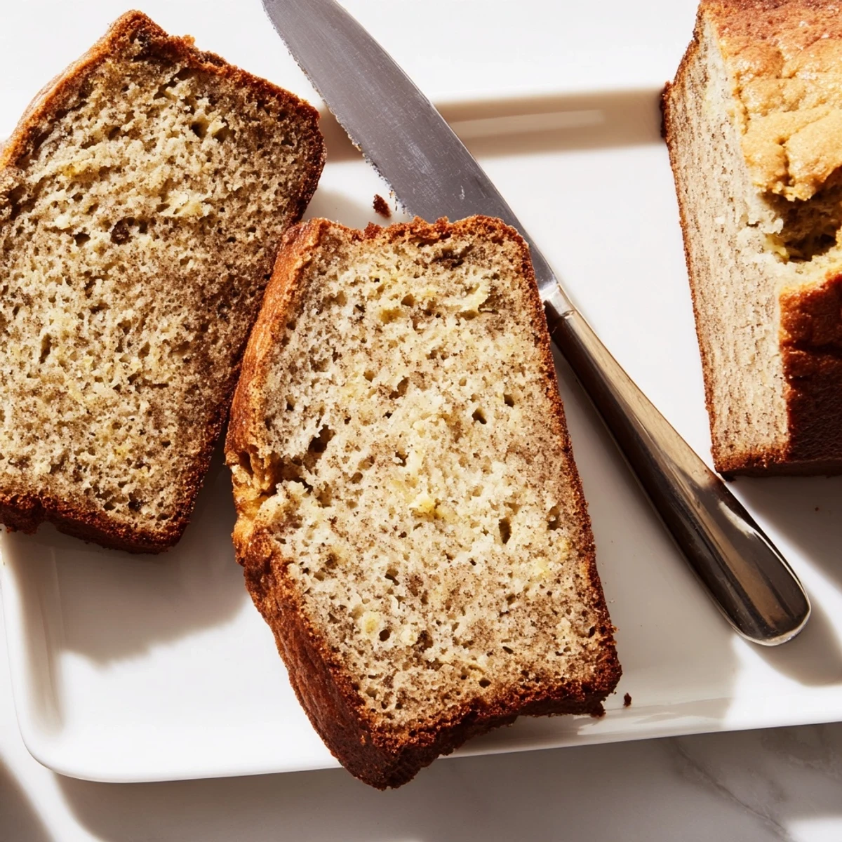 Thick slice of delicious banana bread showing tender crumbs on a white plate with morning light