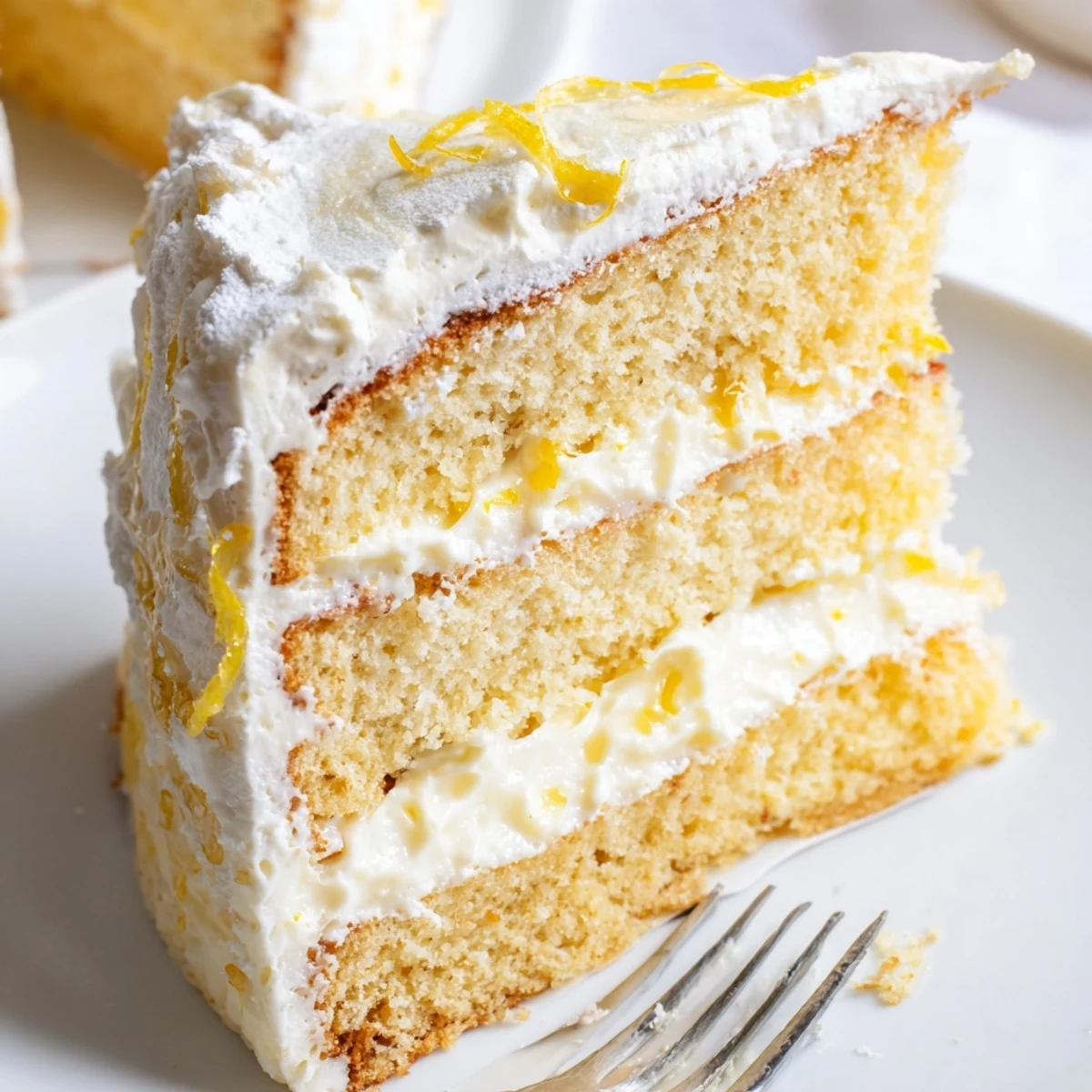 Elegant Italian lemon cream cake slice on white plate showing tender sponge and tangy lemon cream layers