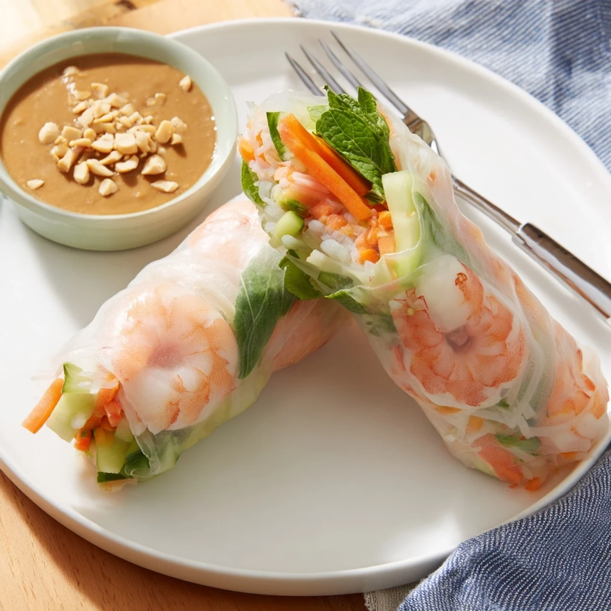 Fresh Vietnamese spring rolls featuring translucent rice paper wrapped around crisp vegetables, pink shrimp, and delicate green herbs, arranged on a white platter