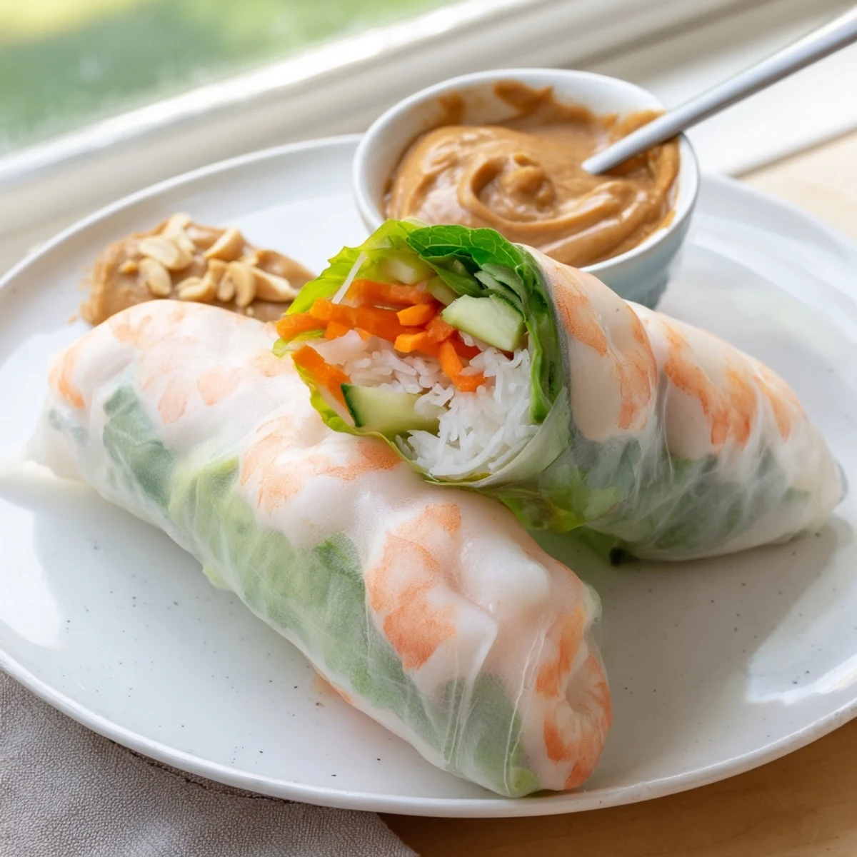 Close-up of Vietnamese spring rolls showcasing colorful julienned carrots and cucumber, vermicelli noodles, and succulent shrimp visible through the soft rice paper wrapper