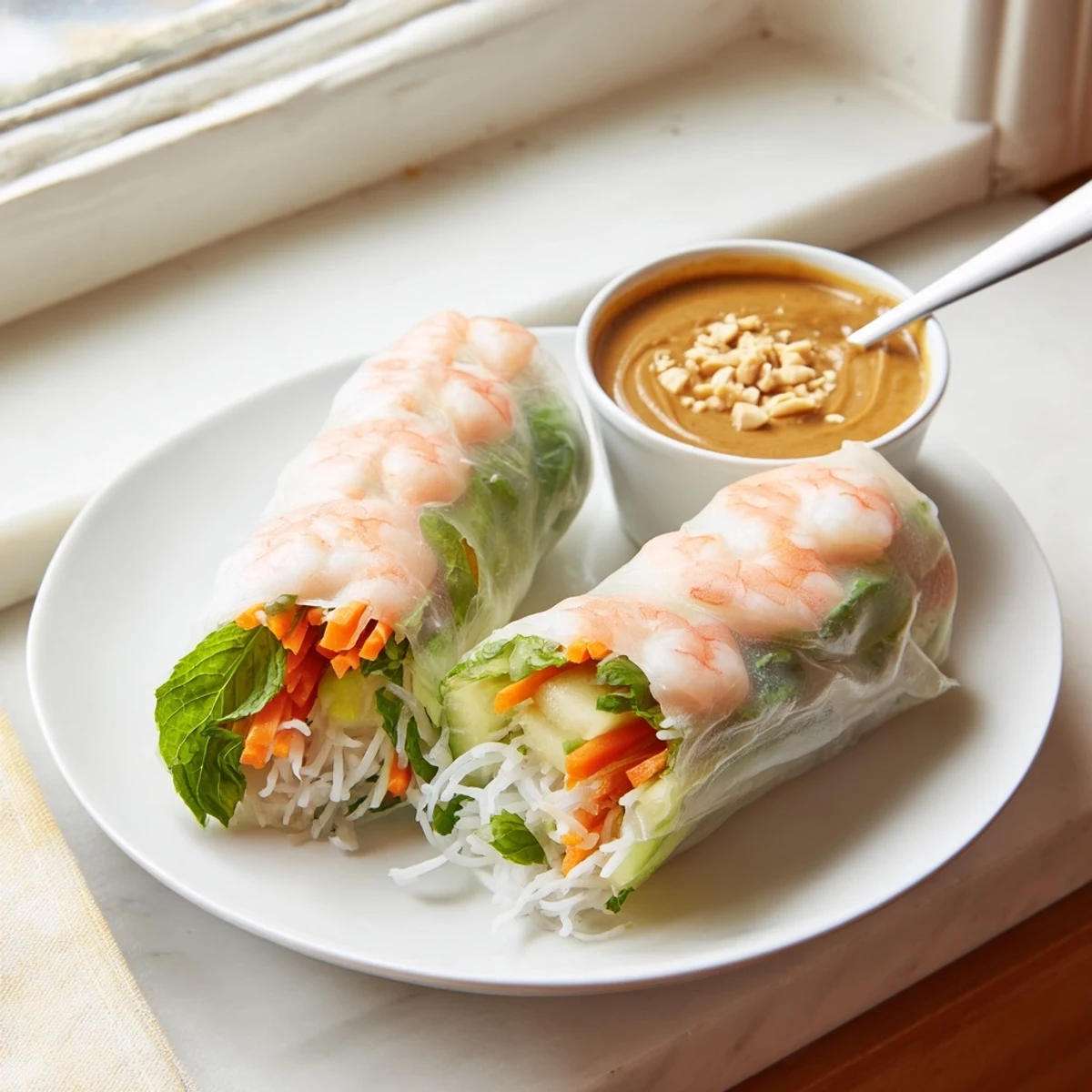 Plate of homemade fresh Vietnamese spring rolls served alongside a creamy peanut dipping sauce garnished with crushed peanuts, highlighting the vibrant layers inside
