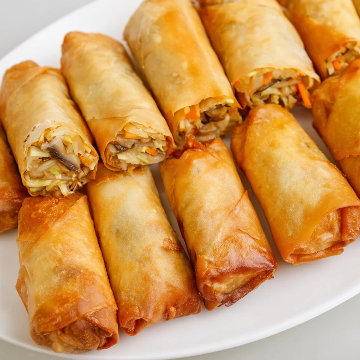 Golden crispy spring rolls with vegetable filling served on white plate