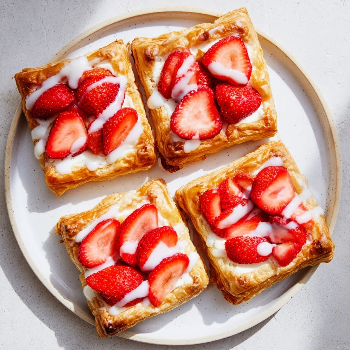 Golden flaky strawberry danishes topped with fresh berries and sweet cream cheese filling