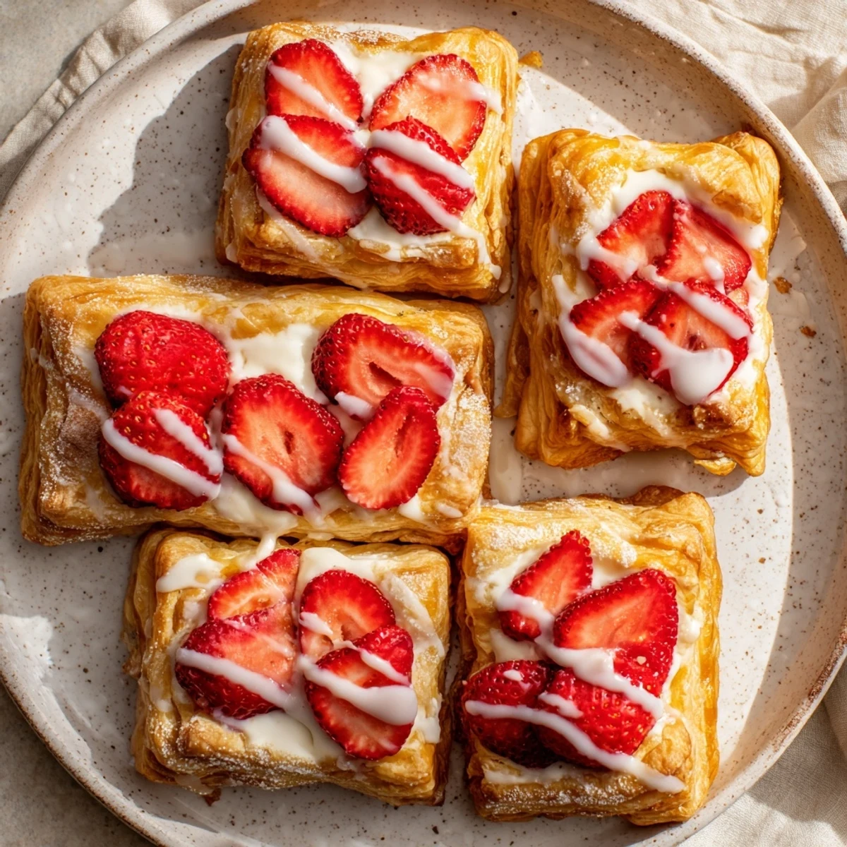 Buttery puff pastry strawberry danishes drizzled with vanilla glaze on a serving platter