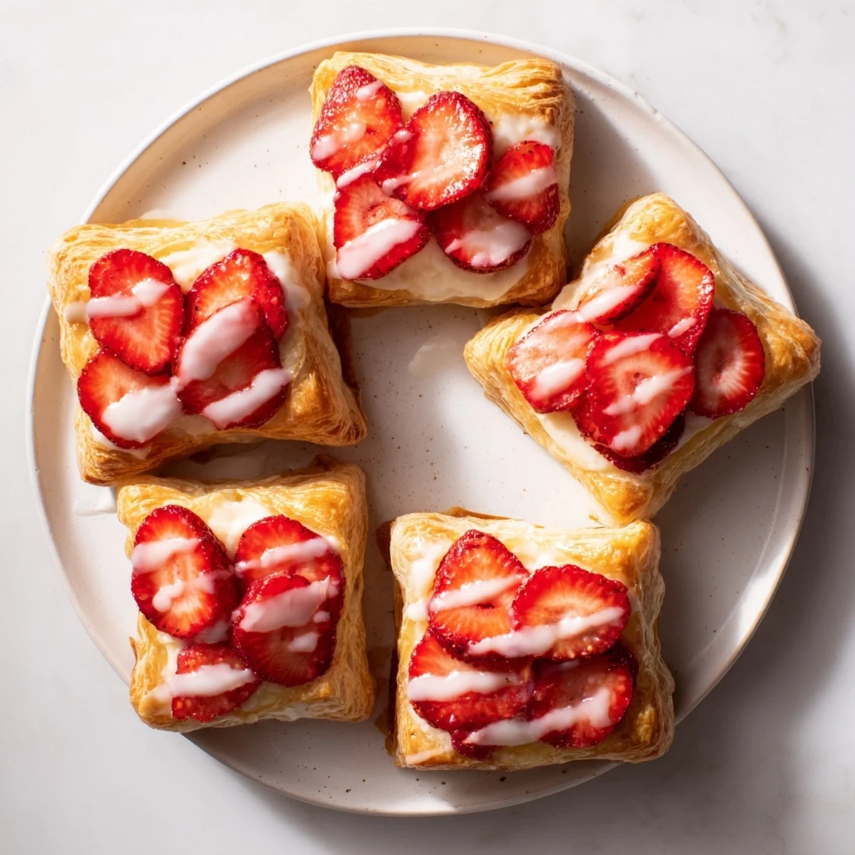 Fresh strawberry danishes featuring ripe red fruit nestled in golden baked pastry squares