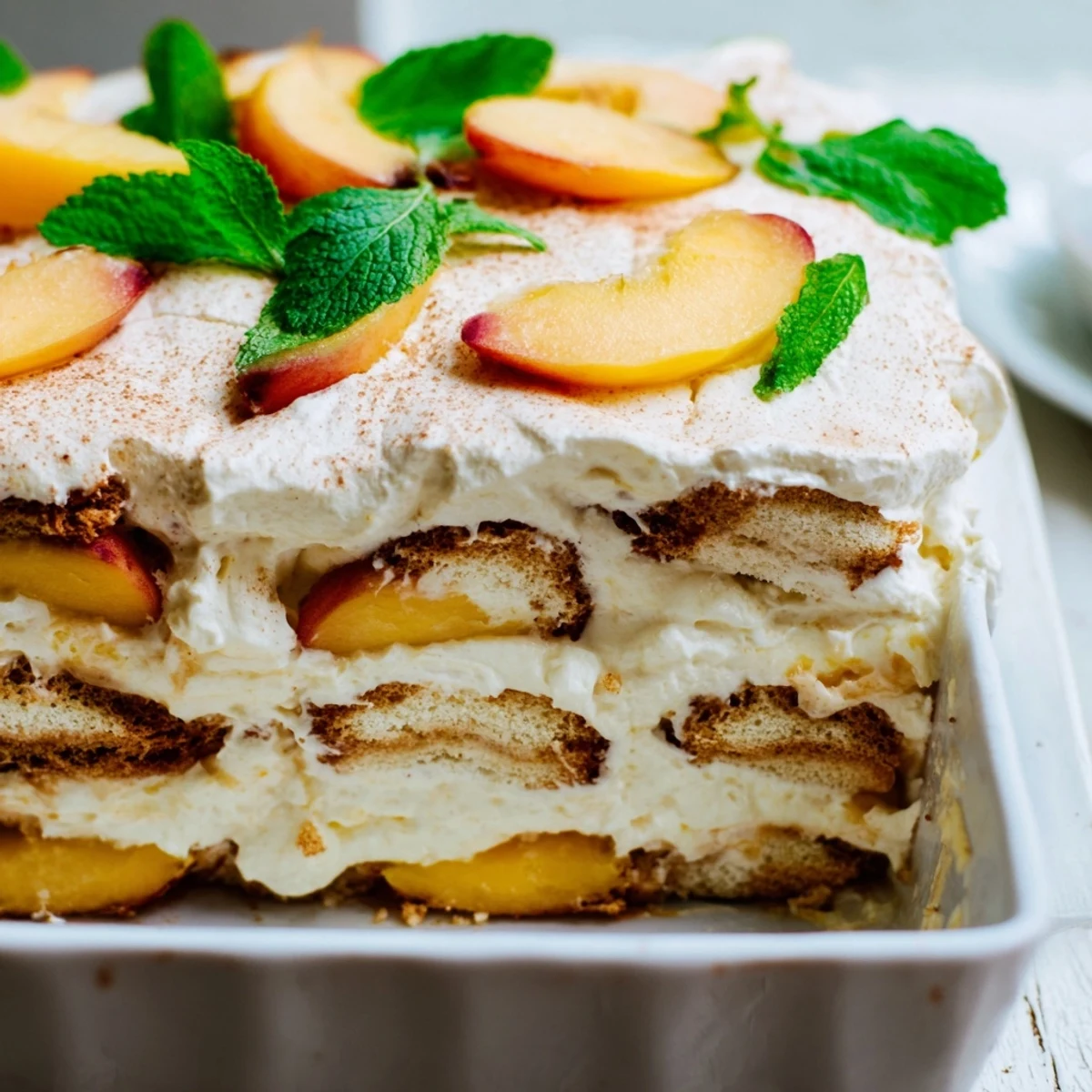 Golden peach tiramisu garnished with mint leaves showing alternating layers of peaches and rich Italian cream