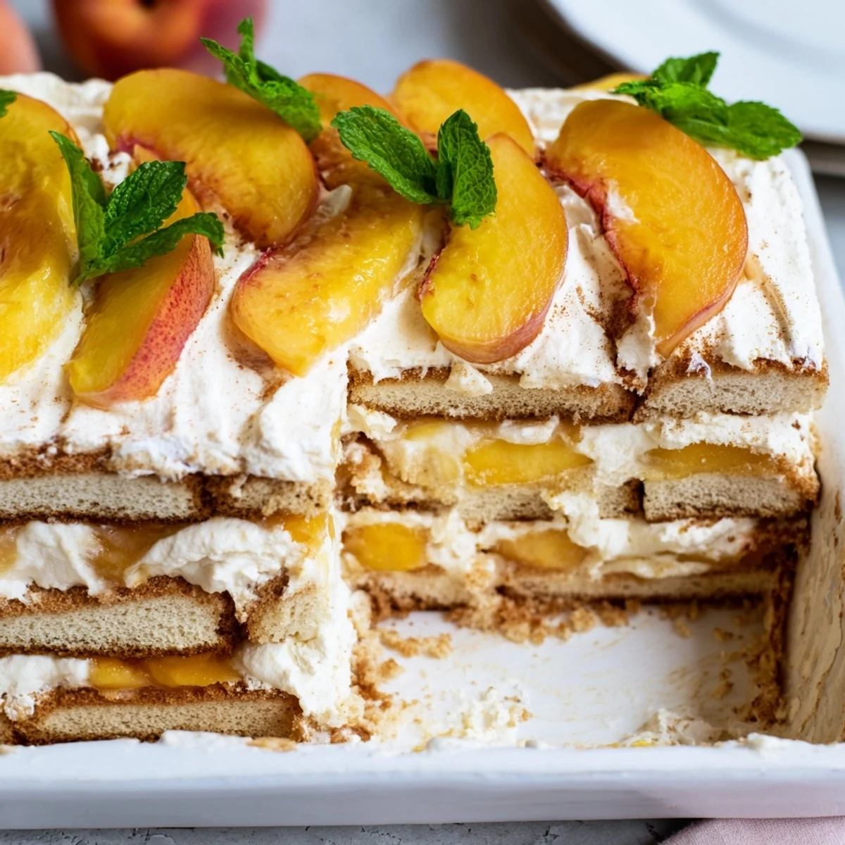 Summer peach tiramisu featuring juicy peaches atop whipped mascarpone cream and delicate soaked ladyfingers