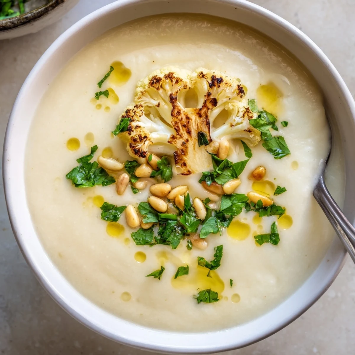 Creamy Mediterranean cauliflower soup garnished with fresh parsley, toasted pine nuts and olive oil drizzle