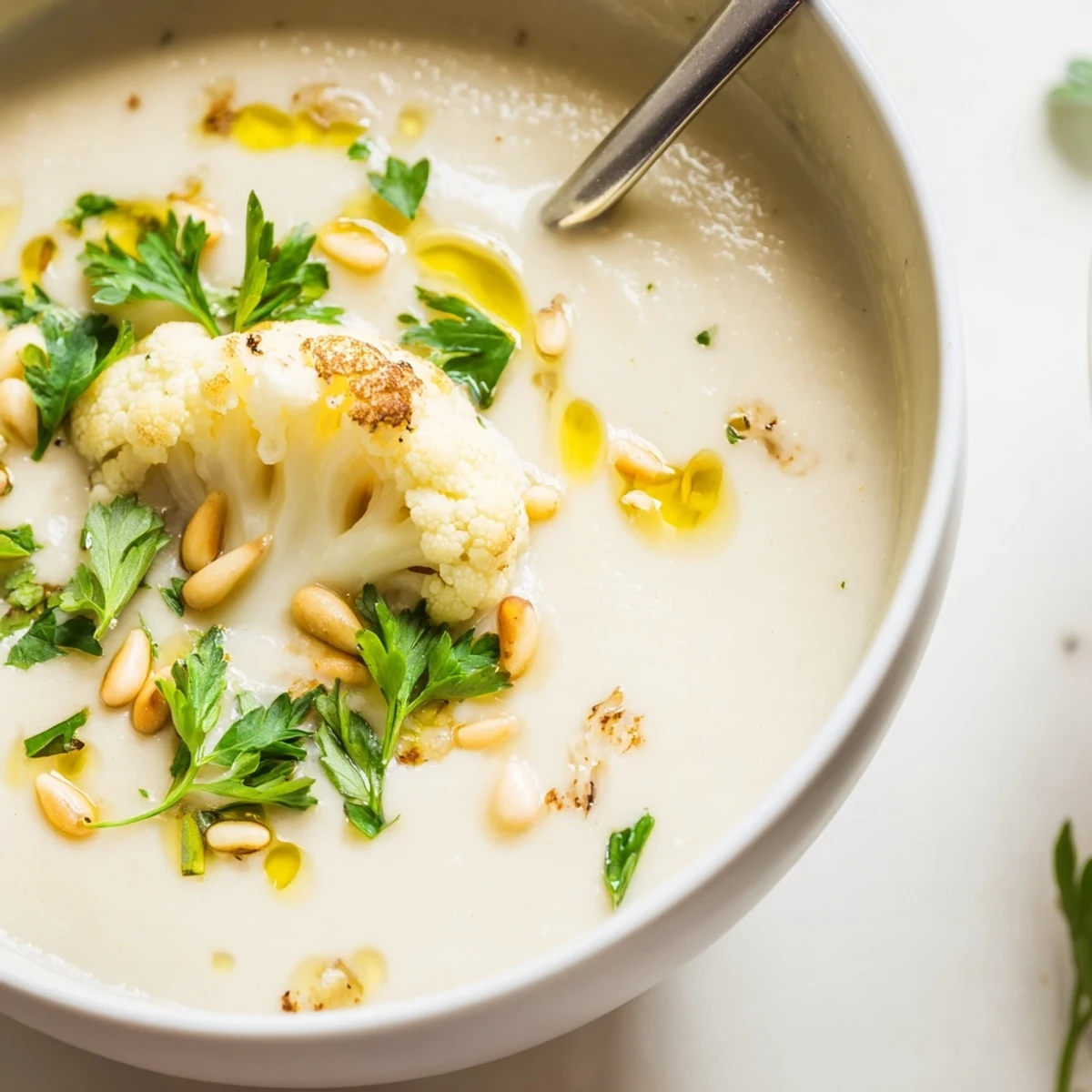 Golden roasted cauliflower blended into smooth Mediterranean soup topped with florets and crunchy pine nuts