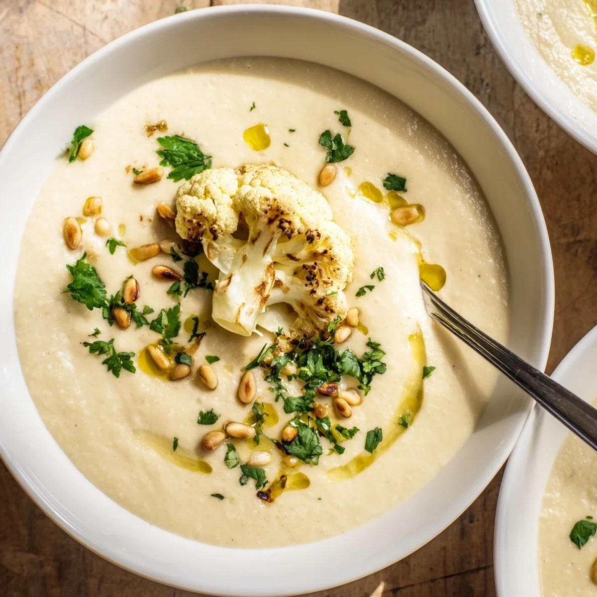 Velvety white Mediterranean cauliflower soup bowl featuring lemon zest, parsley and reserved roasted florets
