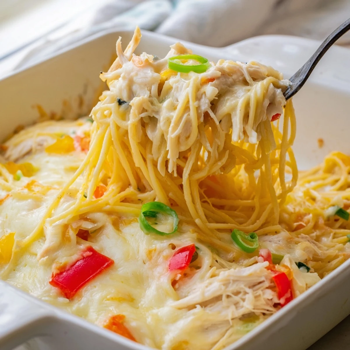 Golden Monterey chicken spaghetti casserole with bubbling melted cheese topping and fresh green onion garnish