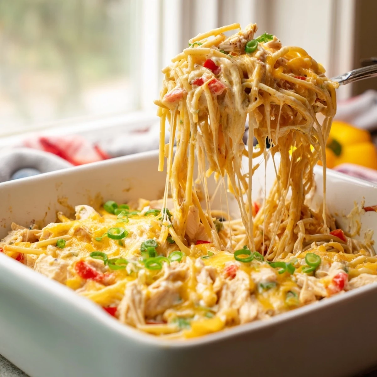 Baked Monterey chicken spaghetti in a white casserole dish featuring golden brown cheese crust and vibrant diced peppers