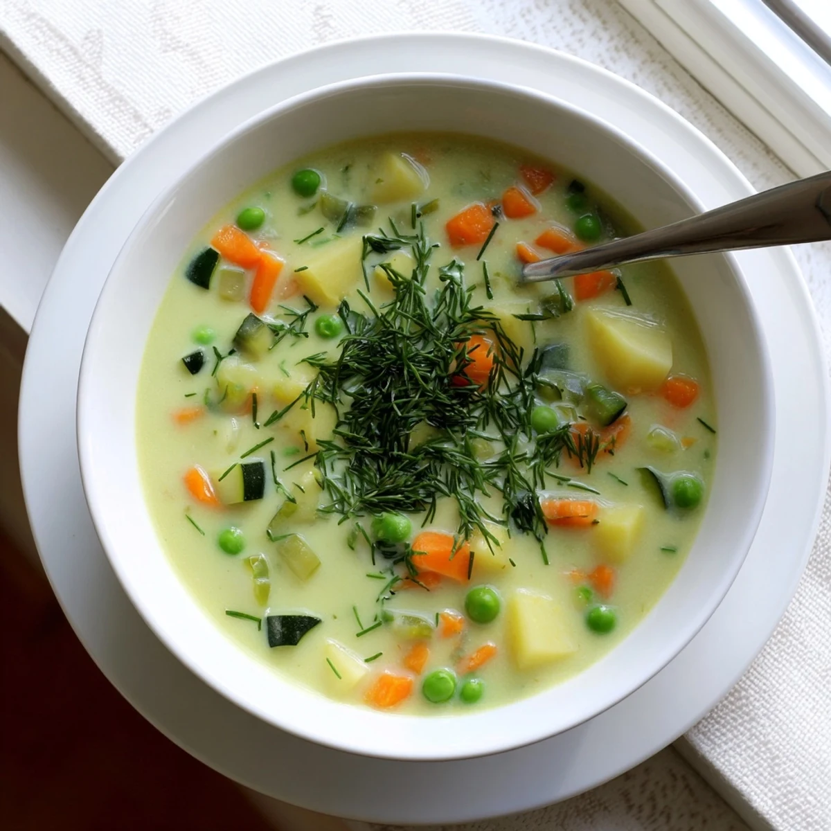 Bowl of creamy spring vegetable soup garnished with fresh green herbs and dill