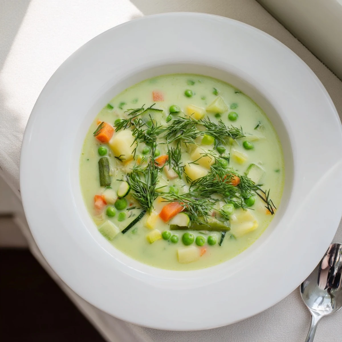 Velvety smooth spring vegetable soup featuring asparagus, peas, and carrots in a rich broth
