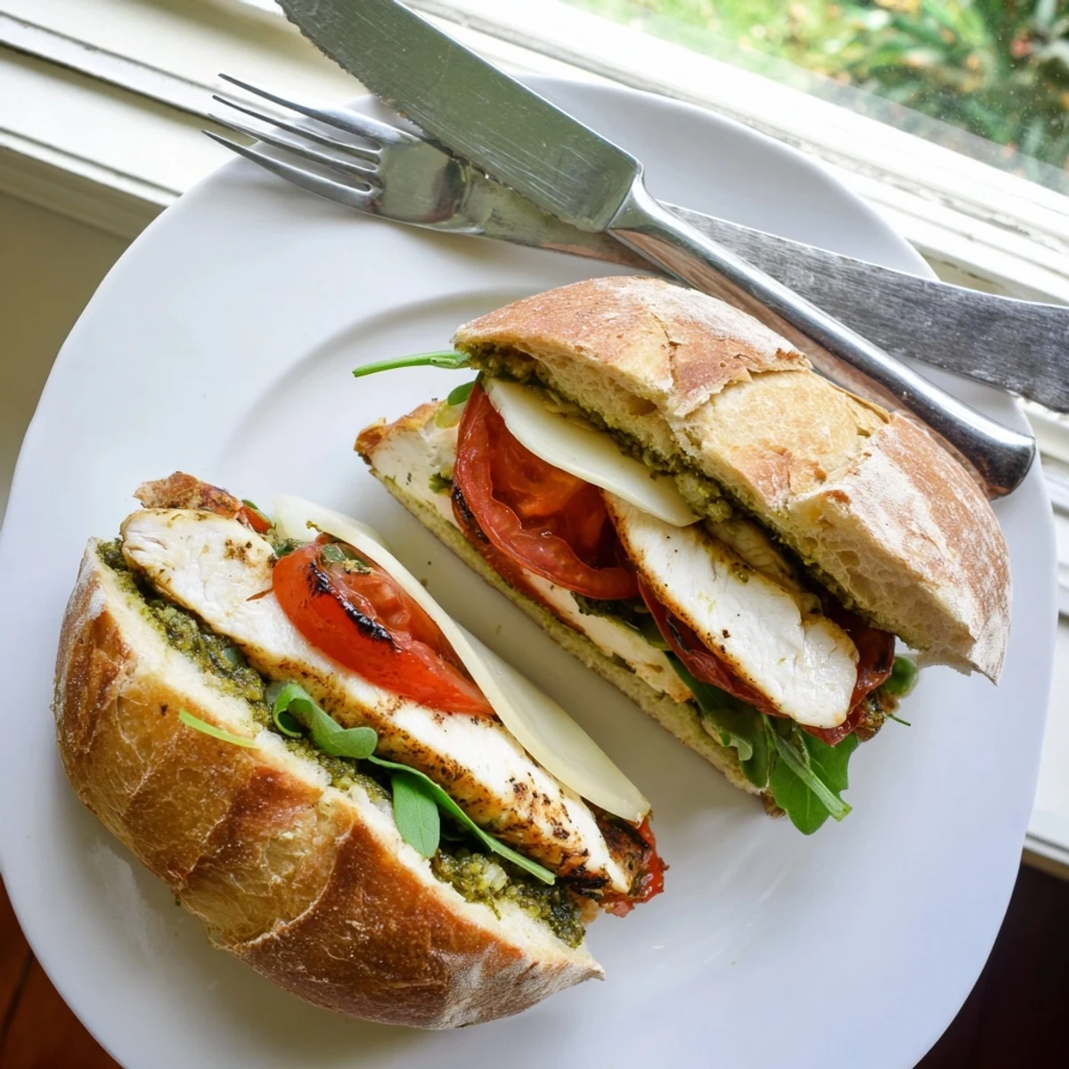 Golden grilled chicken pesto sandwich layered with melted mozzarella and fresh arugula on toasted ciabatta