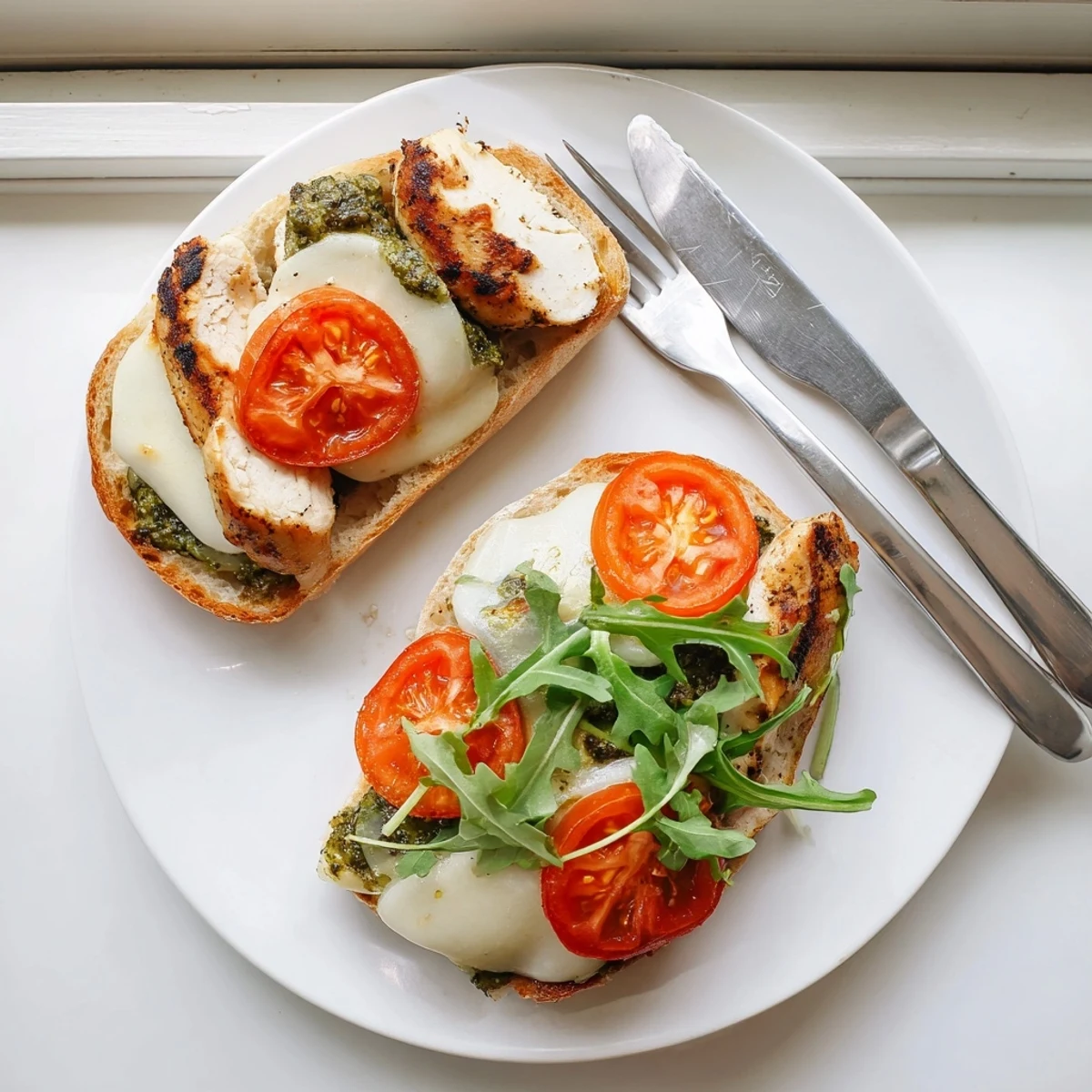 Homemade chicken pesto sandwich featuring juicy cutlets, basil spread, tomato slices, and crisp greens