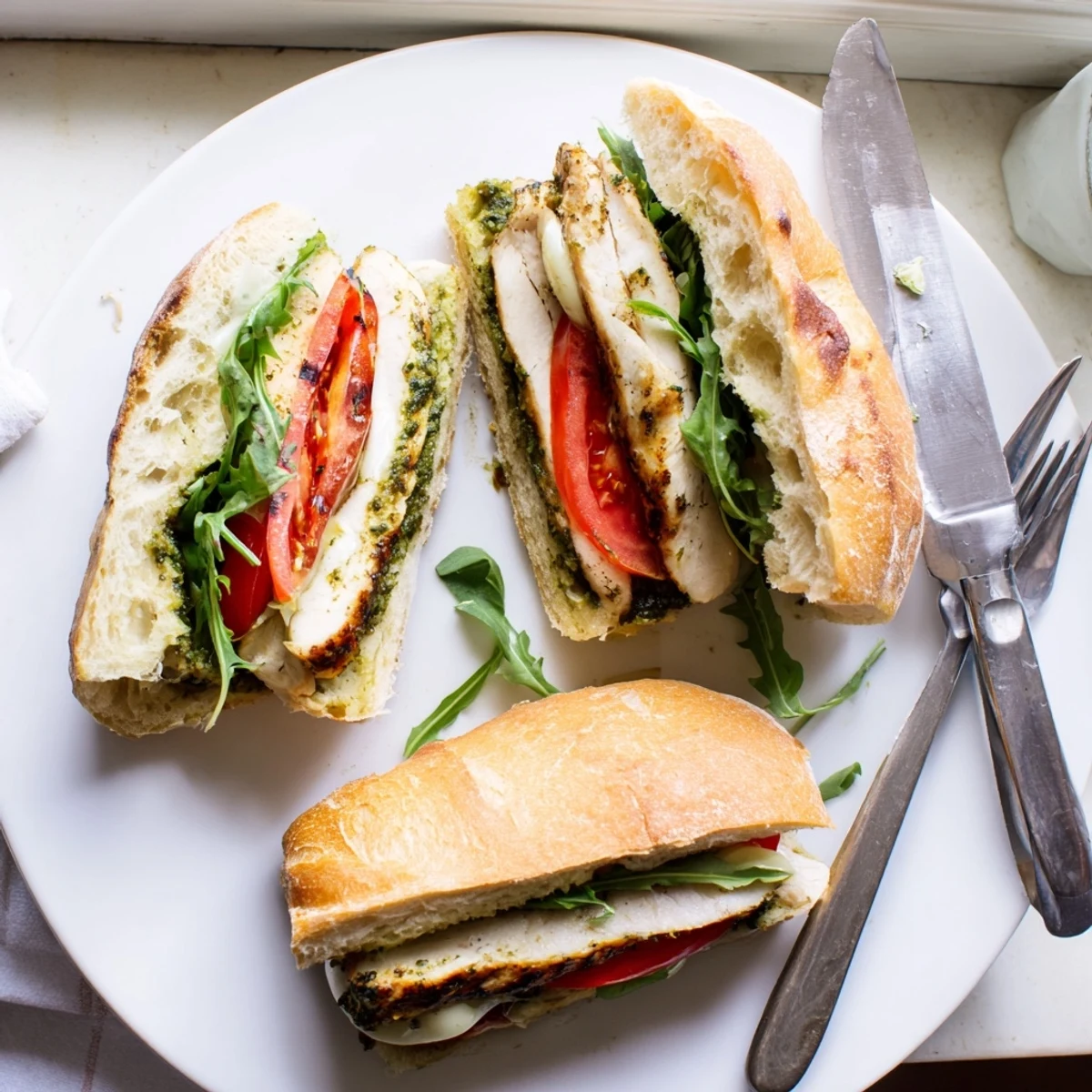 Italian-style chicken pesto sandwich stacked high with grilled meat, cheese, and baby spinach on rolls