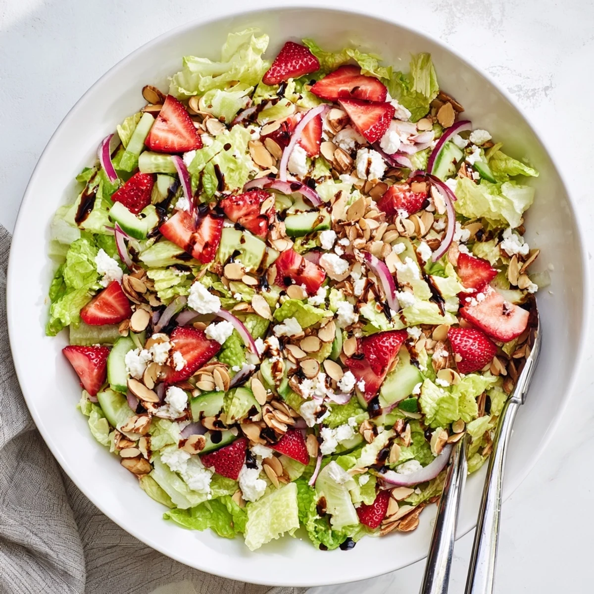 Fresh crunchy strawberry romaine feta salad with vibrant sliced berries and crumbled feta cheese in white bowl
