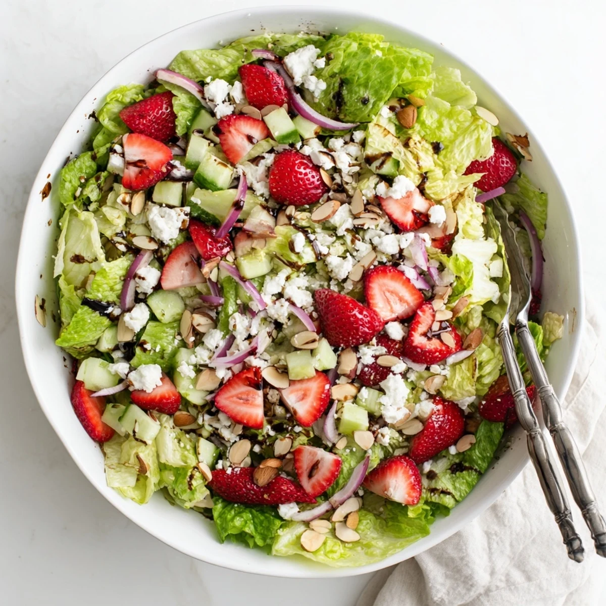 Colorful romaine salad bowl featuring juicy strawberries, tangy feta, and toasted almond slices
