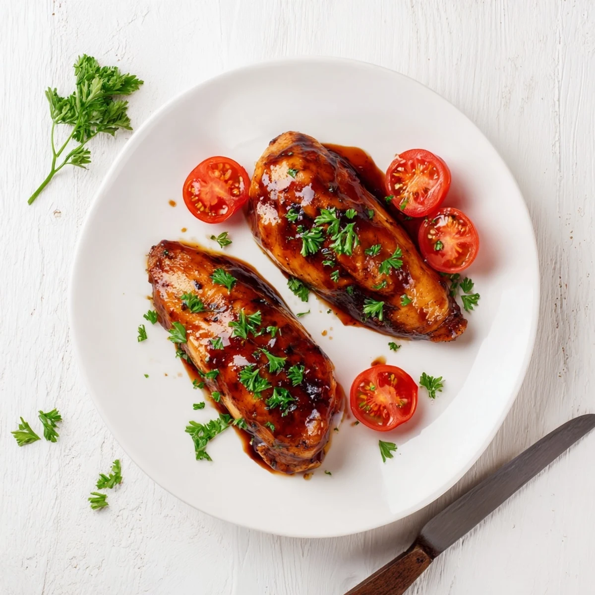 Juicy baked chicken breast marinated in tangy balsamic glaze with fresh herbs