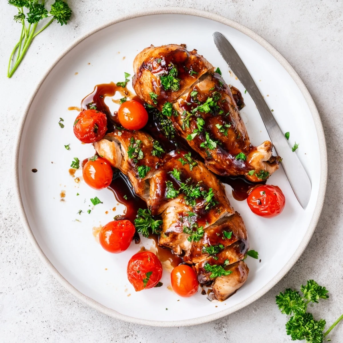 Succulent balsamic baked chicken breast resting on a white serving platter
