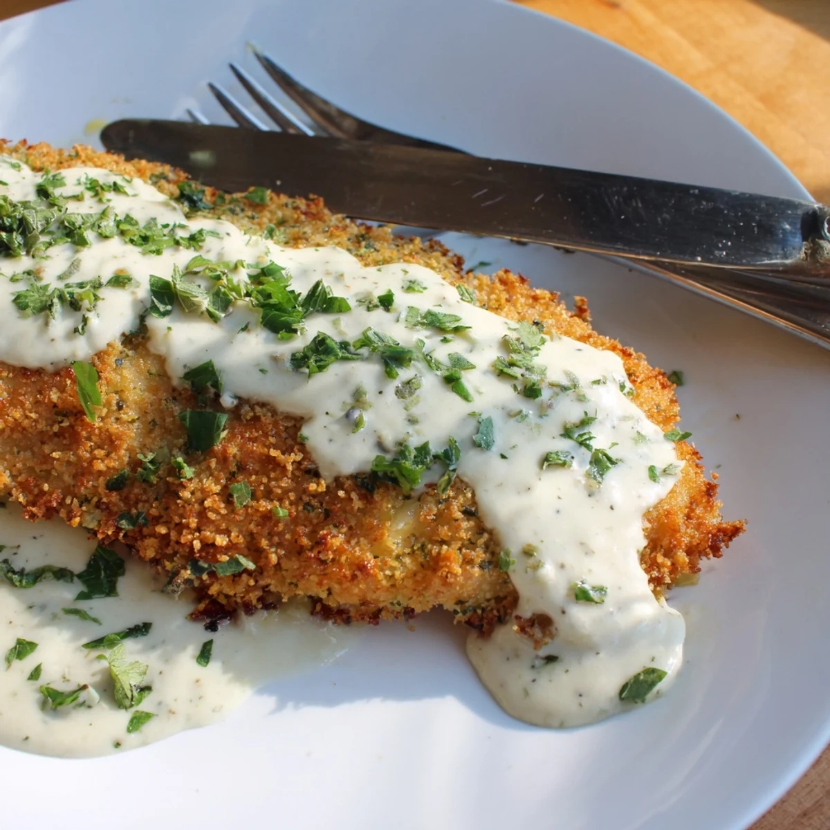 Golden Parmesan crusted chicken breast drizzled with rich white garlic sauce on a white plate