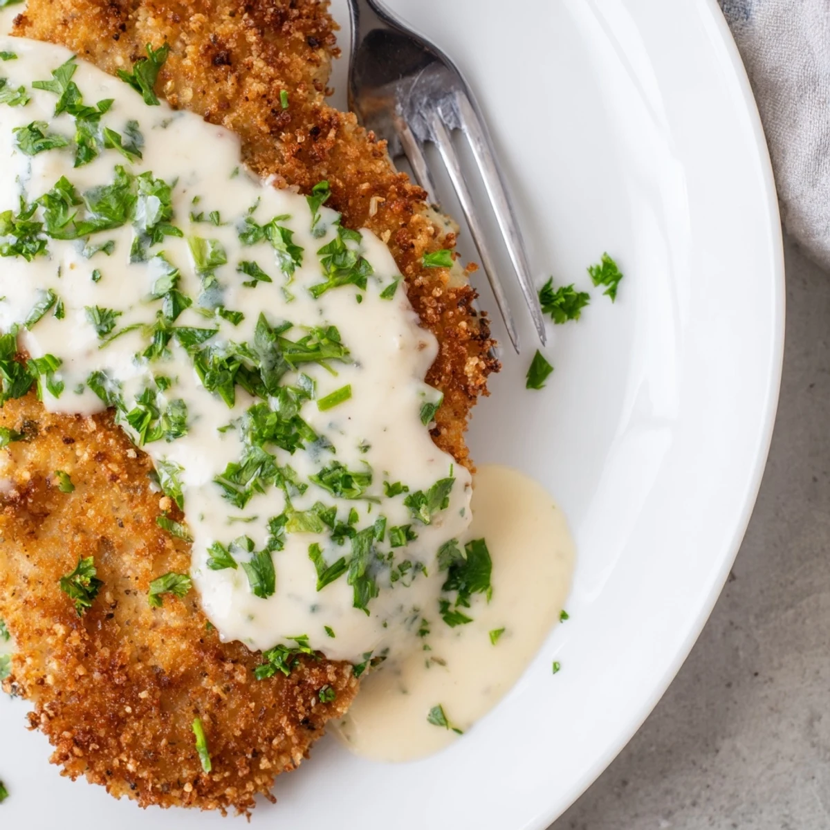 Crispy baked Parmesan chicken topped with creamy garlic sauce and garnished with fresh parsley