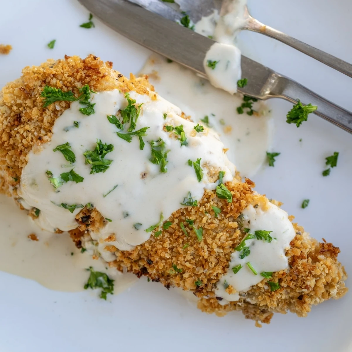 Juicy oven baked chicken with crunchy Parmesan coating smothered in homemade garlic cream sauce