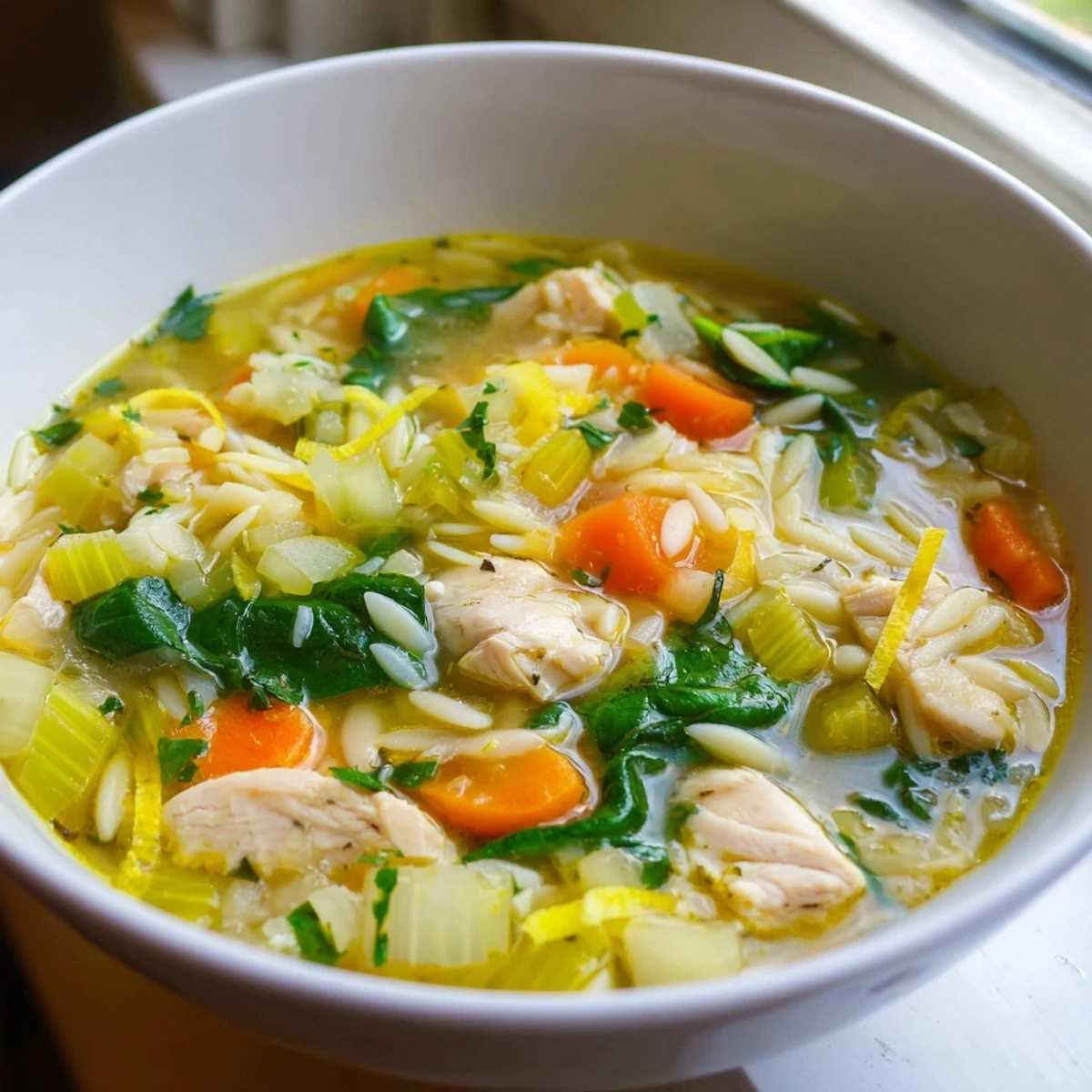 Hearty chicken orzo soup simmered with spring vegetables and zesty fresh lemon flavor