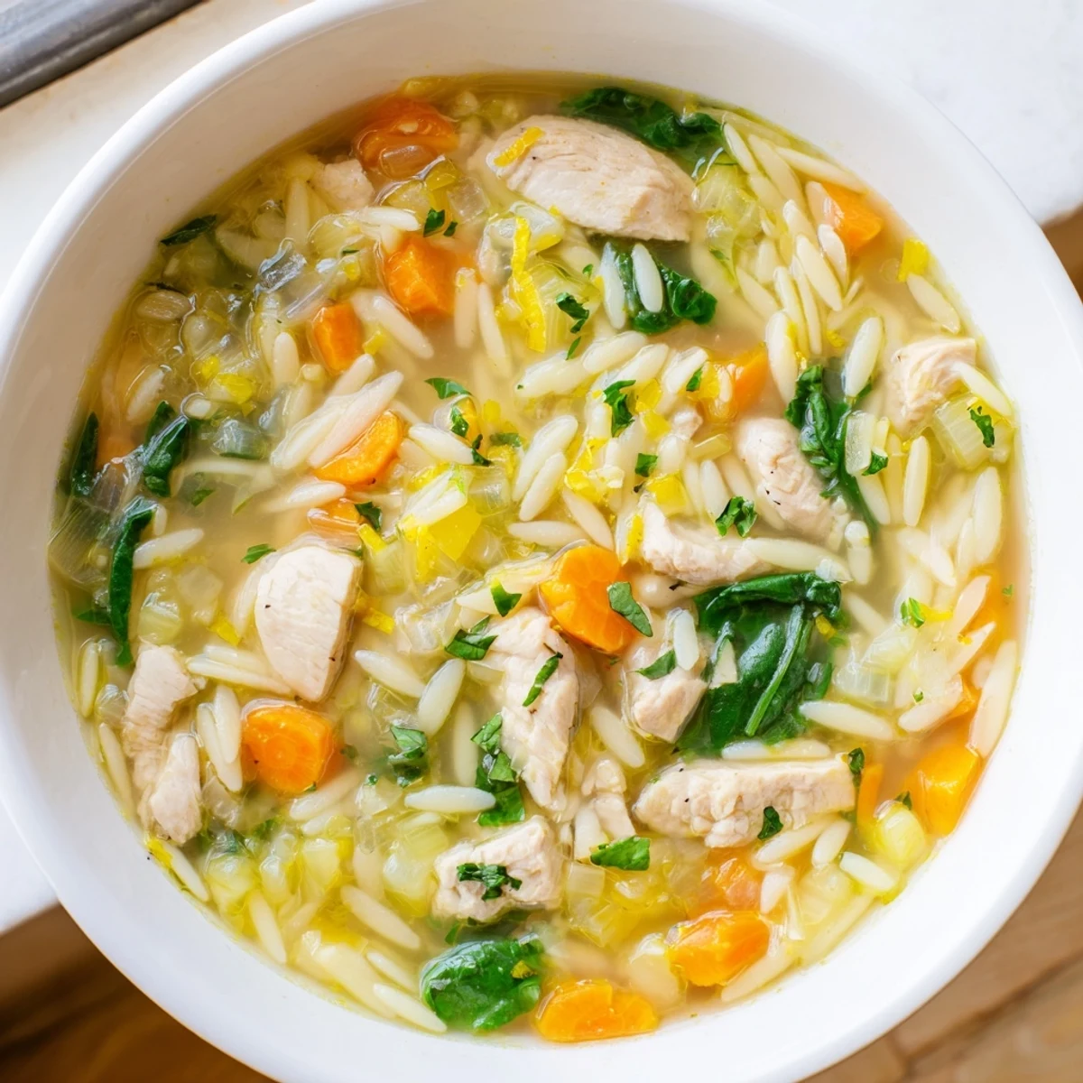 Golden chicken and tender orzo pasta in bright lemon broth with baby spinach