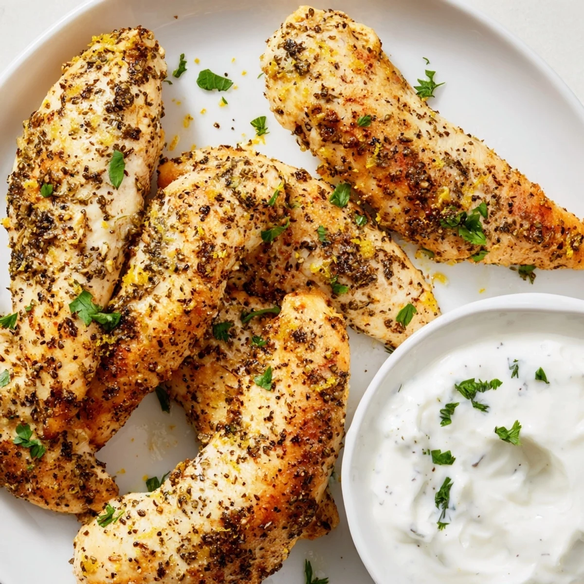Golden pan-seared Mediterranean chicken tenders garnished with fresh parsley and served alongside cool lemon-garlic yogurt dipping sauce